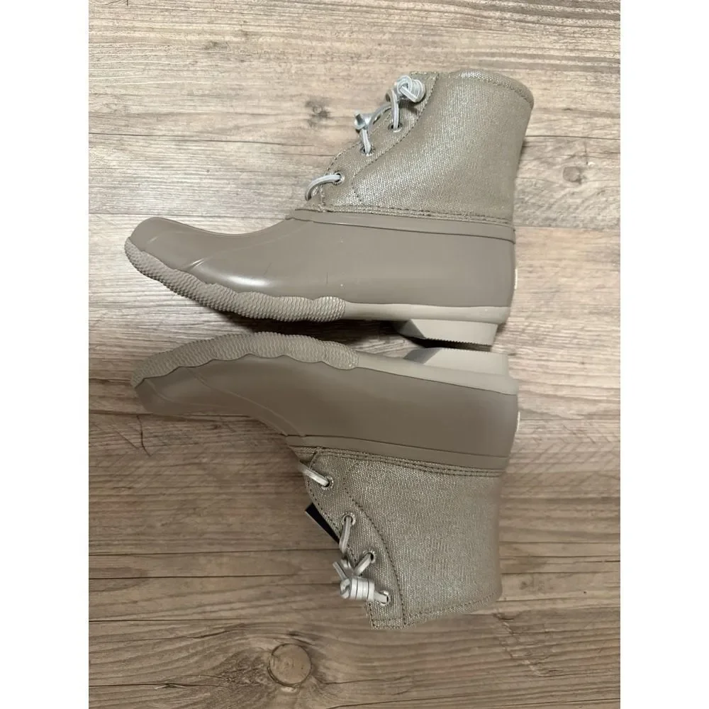 Sperry Women's Saltwater duck boots. Tan.Glitter canvas upper. Sz 7.5. NWT